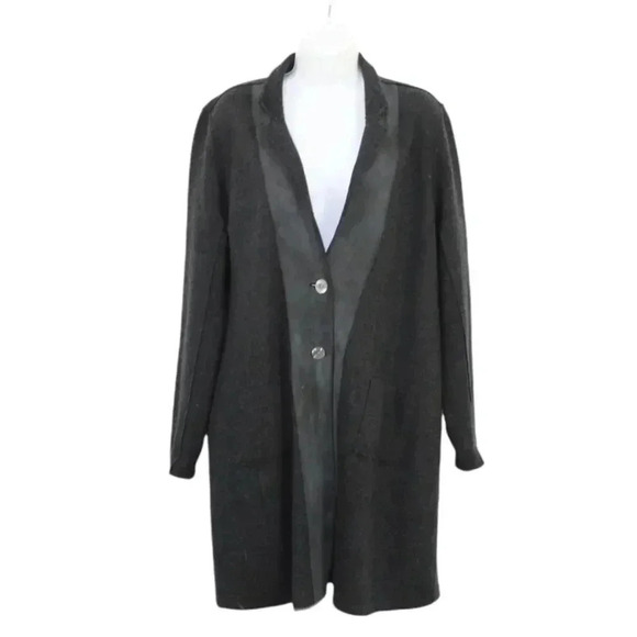 Eileen Fisher gray Merino wool with leather accent duster sweater size large - Picture 10 of 16